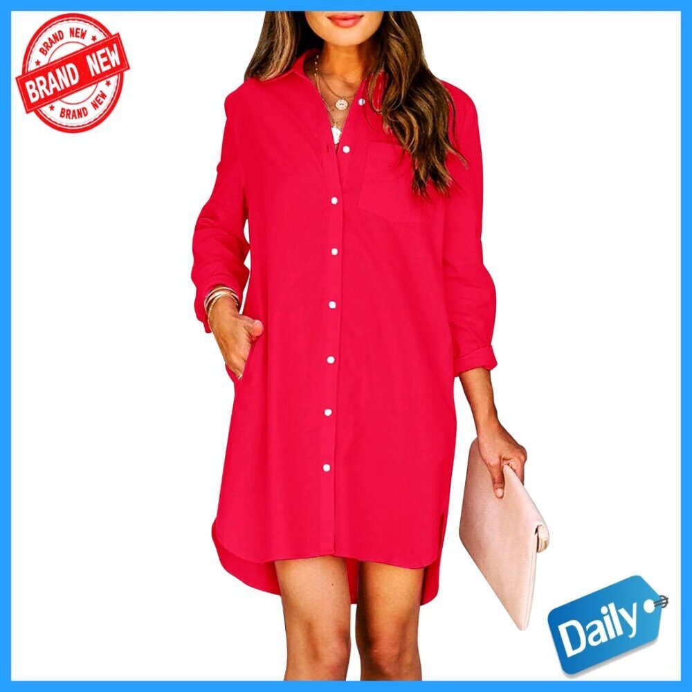 Long Sleeve Button Down Shirt Dress with Pockets Cotton Tunic Blouse